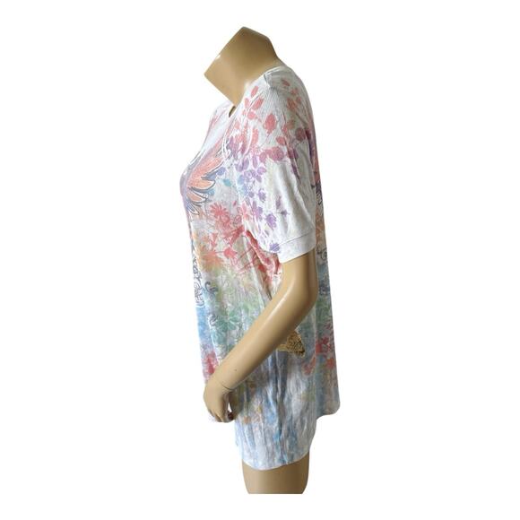 ONE WORLD Womens Plus Size 1X Short Sleeve Embellished Boho Tribal Tunic Shirt - Picture 2 of 8